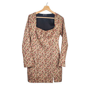 Zara Floral Print Square Neck Long Sleeve Mini Dress Green Pink Size Large